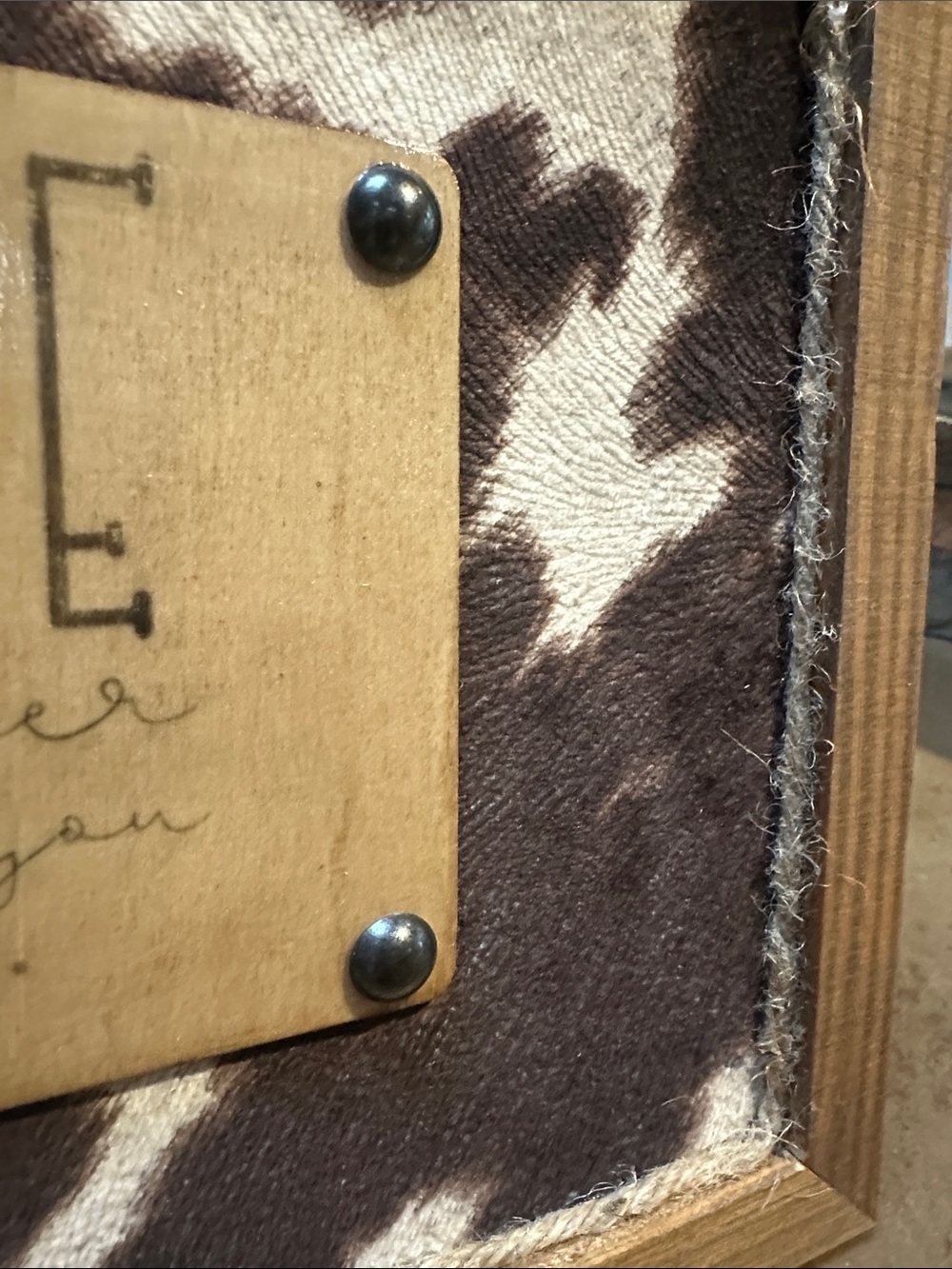 Hand Made Rustic Cowhide HOME Wall Plaque - Brown and White - Picture 3 of 4